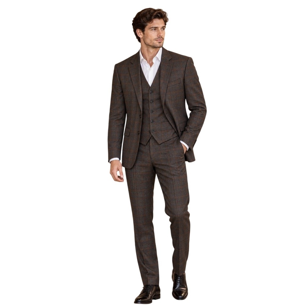 Tessori Italy Super 150's Wool 3-Piece Suit 38L 32L Windowpane Plaid